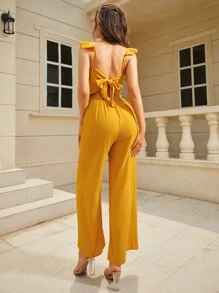 Jumpsuit culotte de espalda abierta con nudo ribete con fruncido