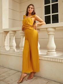 Jumpsuit culotte de espalda abierta con nudo ribete con fruncido