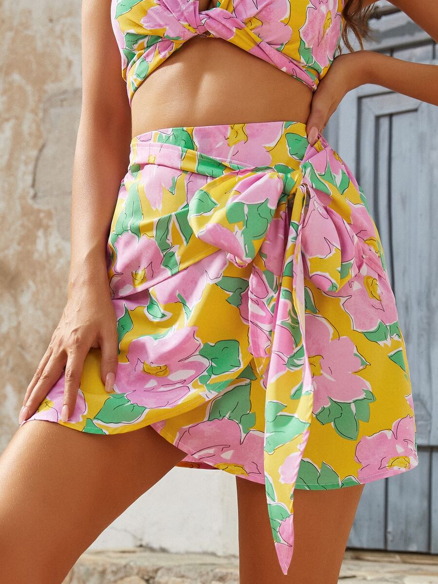 印花前繫帶半身裙 - 彩色 - 查看 1
