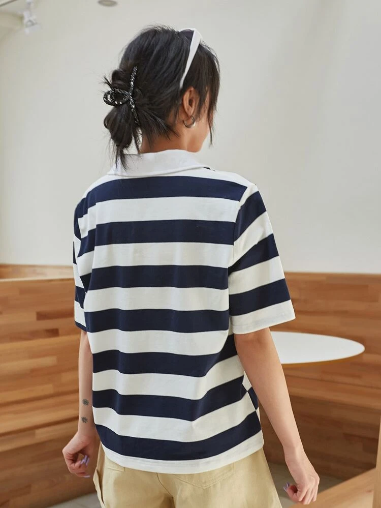 Striped Print Quarter Zipper Tee
