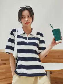 DAZY Striped Print Quarter Zipper Tee