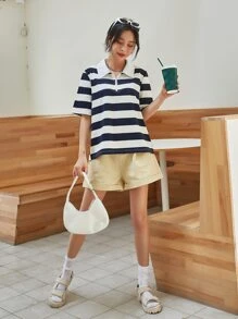 DAZY Striped Print Quarter Zipper Tee