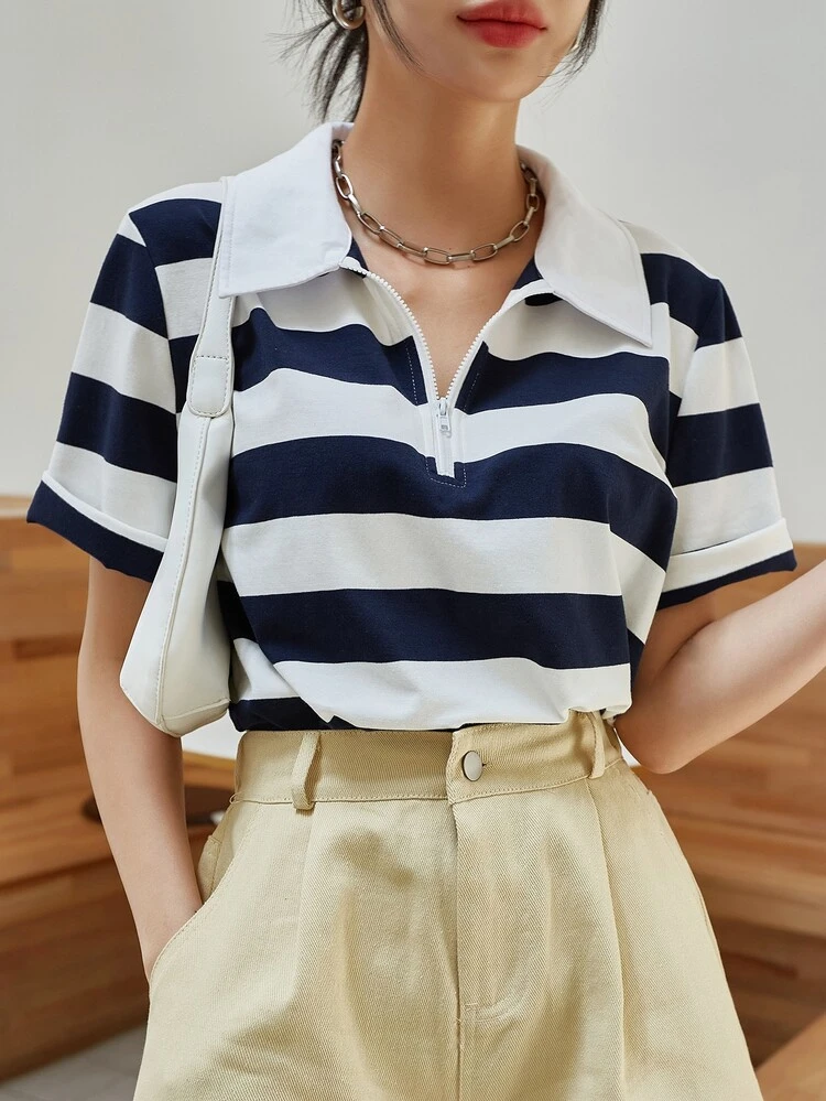 Striped Print Quarter Zipper Tee