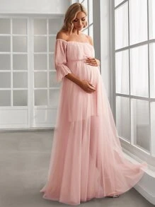 Maternity Off Shoulder Flounce Sleeve Mesh Elegant Dress, For Party - Baby Pink - View 2