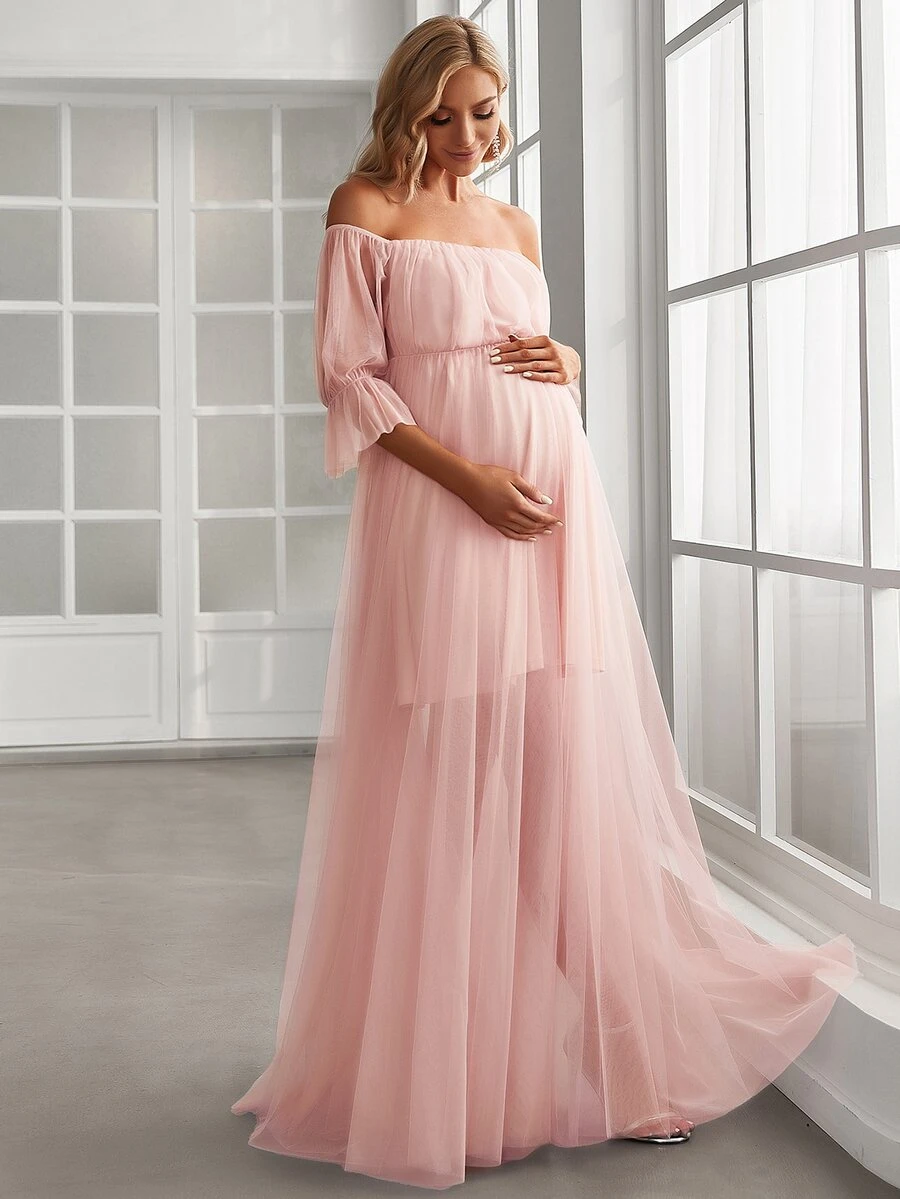 Maternity Off Shoulder Flounce Sleeve Mesh Elegant Dress, For Party