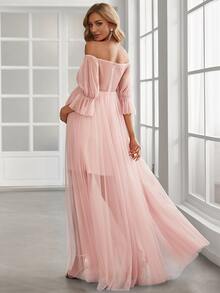 Maternity Off Shoulder Flounce Sleeve Mesh Elegant Dress, For Party - Baby Pink - View 3