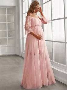 Maternity Off Shoulder Flounce Sleeve Mesh Elegant Dress, For Party - Baby Pink - View 5