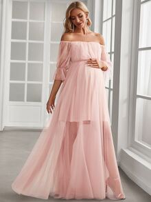 Maternity Off Shoulder Flounce Sleeve Mesh Elegant Dress, For Party - Baby Pink - View 6