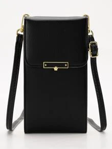 金属装饰翻盖手机钱包 轻便时尚 白领上班族 大学工作 商务通勤 办公室 周年纪念 情侣 生日礼物 情人节礼物 礼品手机袋 - 黑色 - 查看 1