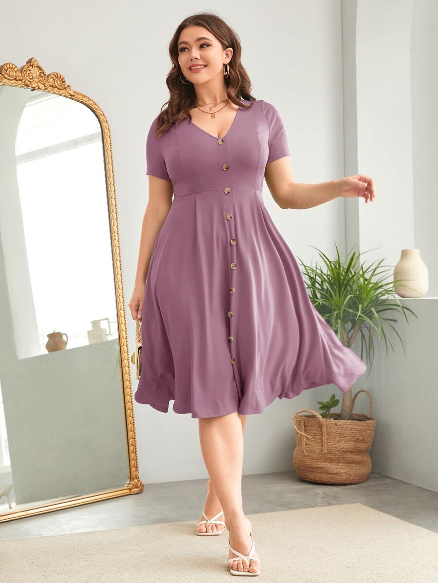 SHEIN Clasi Plus Fake Button High Waist A-line Dress - Mauve Purple - View 1