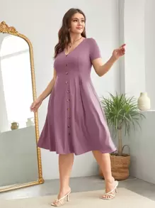 SHEIN Clasi Plus Fake Button High Waist A-line Dress - Mauve Purple - View 3