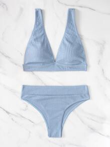 SHEIN Swim 夏季沙灘純色高腰比基尼 - 淺藍色 - 查看 3