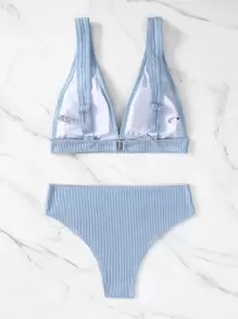 SHEIN Swim 夏季沙灘純色高腰比基尼 - 淺藍色 - 查看 5
