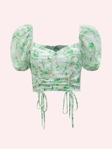 SHEIN MOD Allover Floral Print Frilled Drawstring Front Puff Sleeve Shirred Back Blouse - Multicolor - View 2