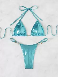 Swim SXY Summer Beach Faux Pearl Decor Micro Triangle Bikini - Teal Blue - View 3