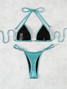 Swim SXY Summer Beach Faux Pearl Decor Micro Triangle Bikini - Teal Blue - View 6