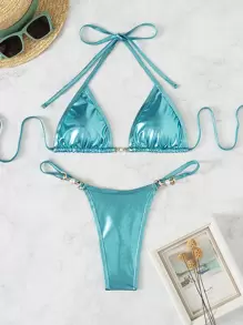 Swim SXY Summer Beach Faux Pearl Decor Micro Triangle Bikini - Teal Blue - View 4
