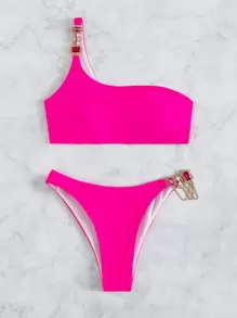 Neon Pink Asymmetrical Neck Gem Decor Bikini, For Summer Beach Vacation - Hot Pink - View 1