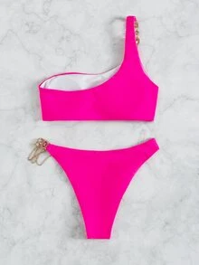 Neon Pink Asymmetrical Neck Gem Decor Bikini, For Summer Beach Vacation - Hot Pink - View 2