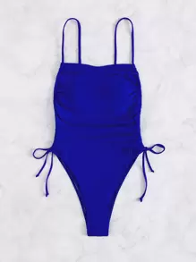 Drawstring Side One Piece Swimsuit, For Summer Beach Vacation - Royal Blue - View 1