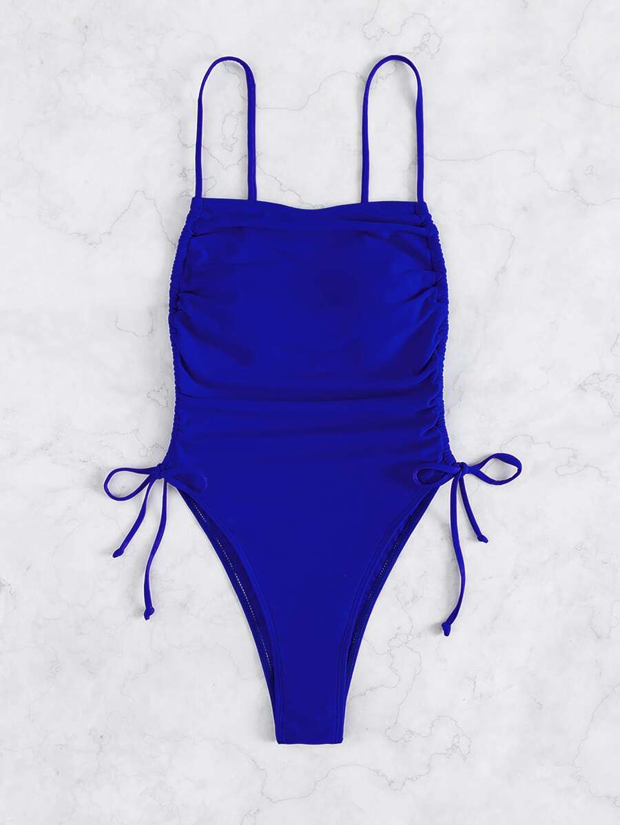 Drawstring Side One Piece Swimsuit, For Summer Beach Vacation - Royal Blue - View 1