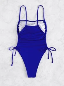 Drawstring Side One Piece Swimsuit, For Summer Beach Vacation - Royal Blue - View 2