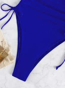 Drawstring Side One Piece Swimsuit, For Summer Beach Vacation - Royal Blue - View 4