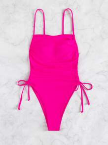 Drawstring Side One Piece Swimsuit, For Summer Beach Vacation - Hot Pink - View 1
