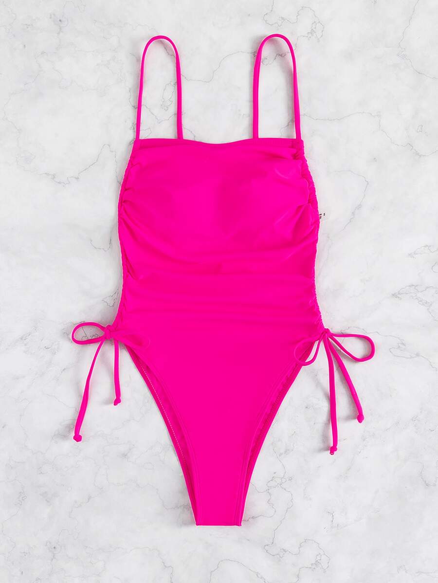 Drawstring Side One Piece Swimsuit, For Summer Beach Vacation - Hot Pink - View 1