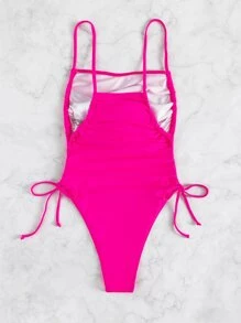Drawstring Side One Piece Swimsuit, For Summer Beach Vacation - Hot Pink - View 2
