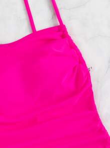Drawstring Side One Piece Swimsuit, For Summer Beach Vacation - Hot Pink - View 3