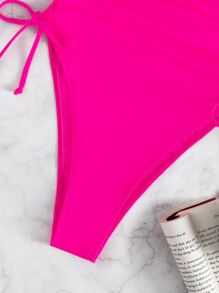 Drawstring Side One Piece Swimsuit, For Summer Beach Vacation - Hot Pink - View 4