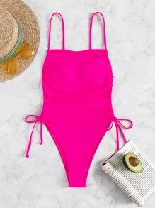 Drawstring Side One Piece Swimsuit, For Summer Beach Vacation - Hot Pink - View 5