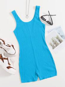 SHEIN EZwear Scoop Neck Rib-knit Tank Unitard Romper - Mint Blue - View 1