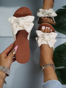 Bow Decor Single Band Slide Sandals - Beige - View 1