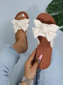 Bow Decor Single Band Slide Sandals - Beige - View 2