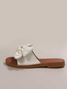 Bow Decor Single Band Slide Sandals - Beige - View 3