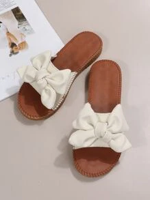 Bow Decor Single Band Slide Sandals - Beige - View 4