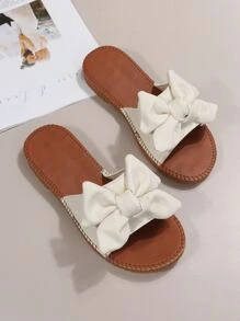 Bow Decor Single Band Slide Sandals - Beige - View 6
