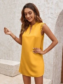Solid Notch Neck Contrast Lace Trim Tunic Dress - Mustard Yellow - View 3