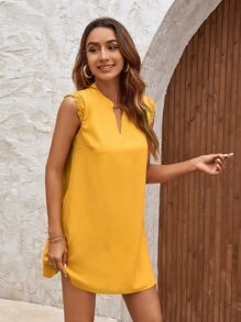 Solid Notch Neck Contrast Lace Trim Tunic Dress - Mustard Yellow - View 4