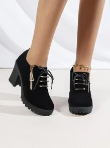 New Autumn/Winter Petite Cute Rhinestone Zip Casual Elegant Slightly Small Size Women High Heel Shoes - Black - View 2