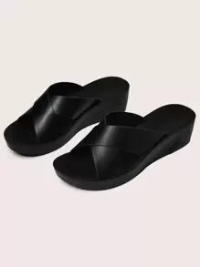 Kontrastkragen, Gurt, Sandalen mit Keilabsatz, Schwarz Elegant Damen Einfarbig Plateau, Keilabsatz, Heel Sandalen