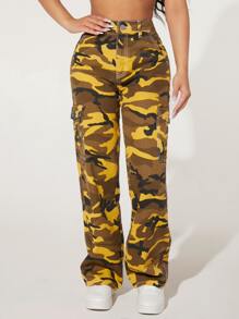 SHEIN PETITE Camo Print Flap Pocket Cargo Jeans - Multicolor - View 1
