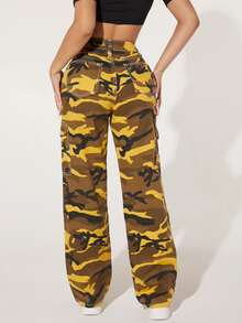 SHEIN PETITE Camo Print Flap Pocket Cargo Jeans - Multicolor - View 2
