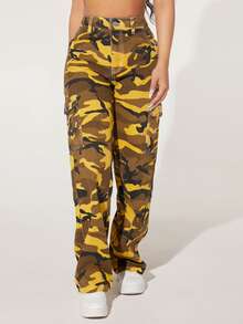 SHEIN PETITE Camo Print Flap Pocket Cargo Jeans - Multicolor - View 3