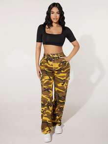 SHEIN PETITE Camo Print Flap Pocket Cargo Jeans - Multicolor - View 4