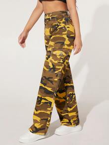SHEIN PETITE Camo Print Flap Pocket Cargo Jeans - Multicolor - View 5