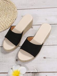 Women Minimalist Espadrille Sole Sandals, Vacation Black Canvas Wedge Slide Sandals - Black - View 4