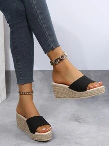 Women Minimalist Espadrille Sole Sandals, Vacation Black Canvas Wedge Slide Sandals - Black - View 3